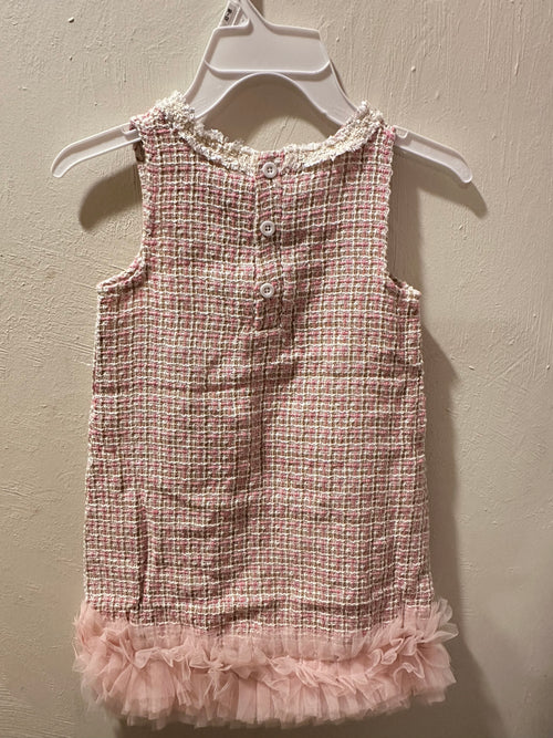 Baby Girl Pink Tweed Dress with Tulle Hem - Elegant Chanel-Style Infant Dress