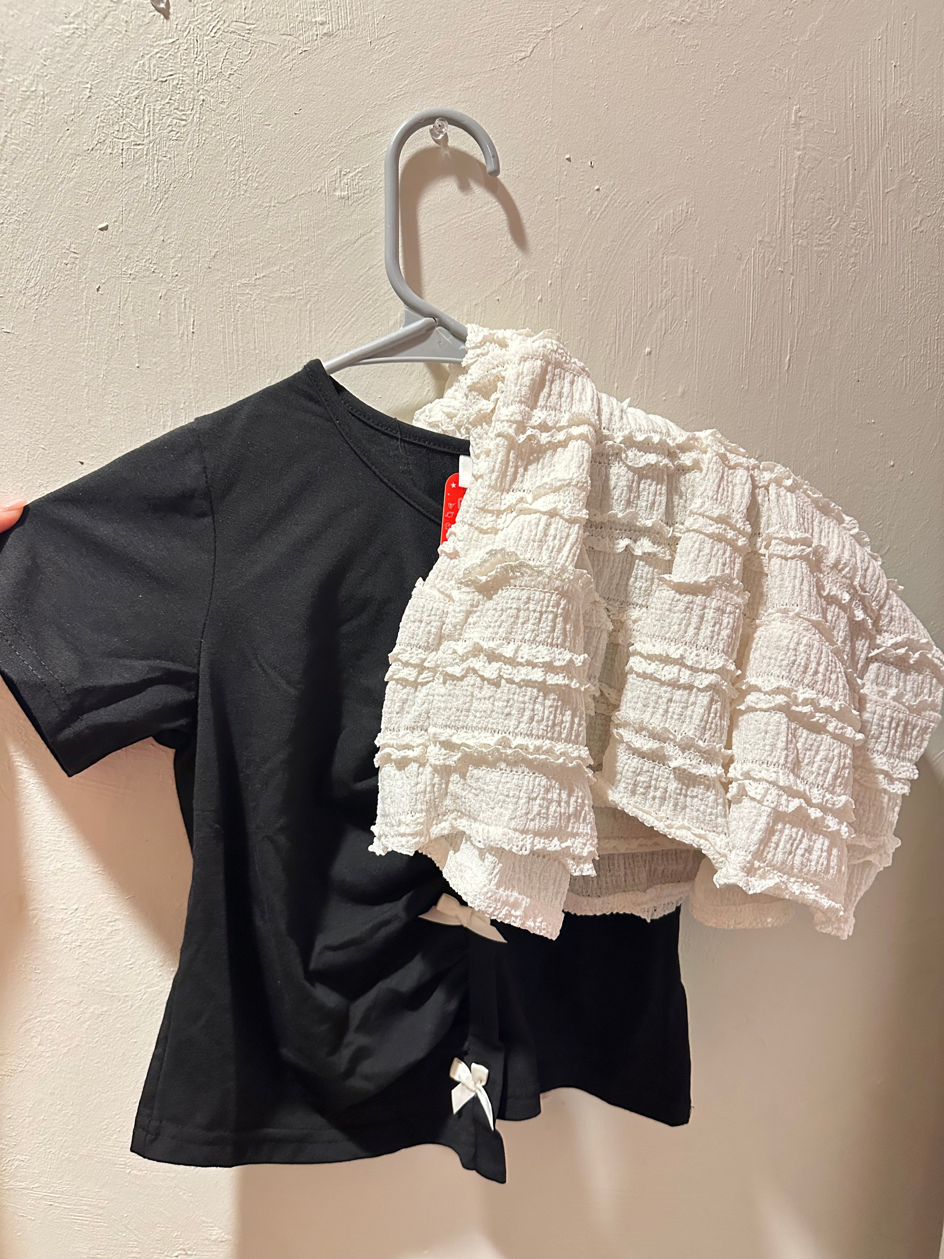 Girls Black Bow Top - Cute Ruched Front T-Shirt with White Bows - Kids 4T 5T 6T 7T