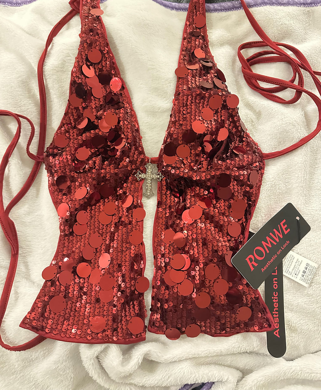 ROMWE NWT Red Sequin Halter Top XS Backless Rhinestone #YK2