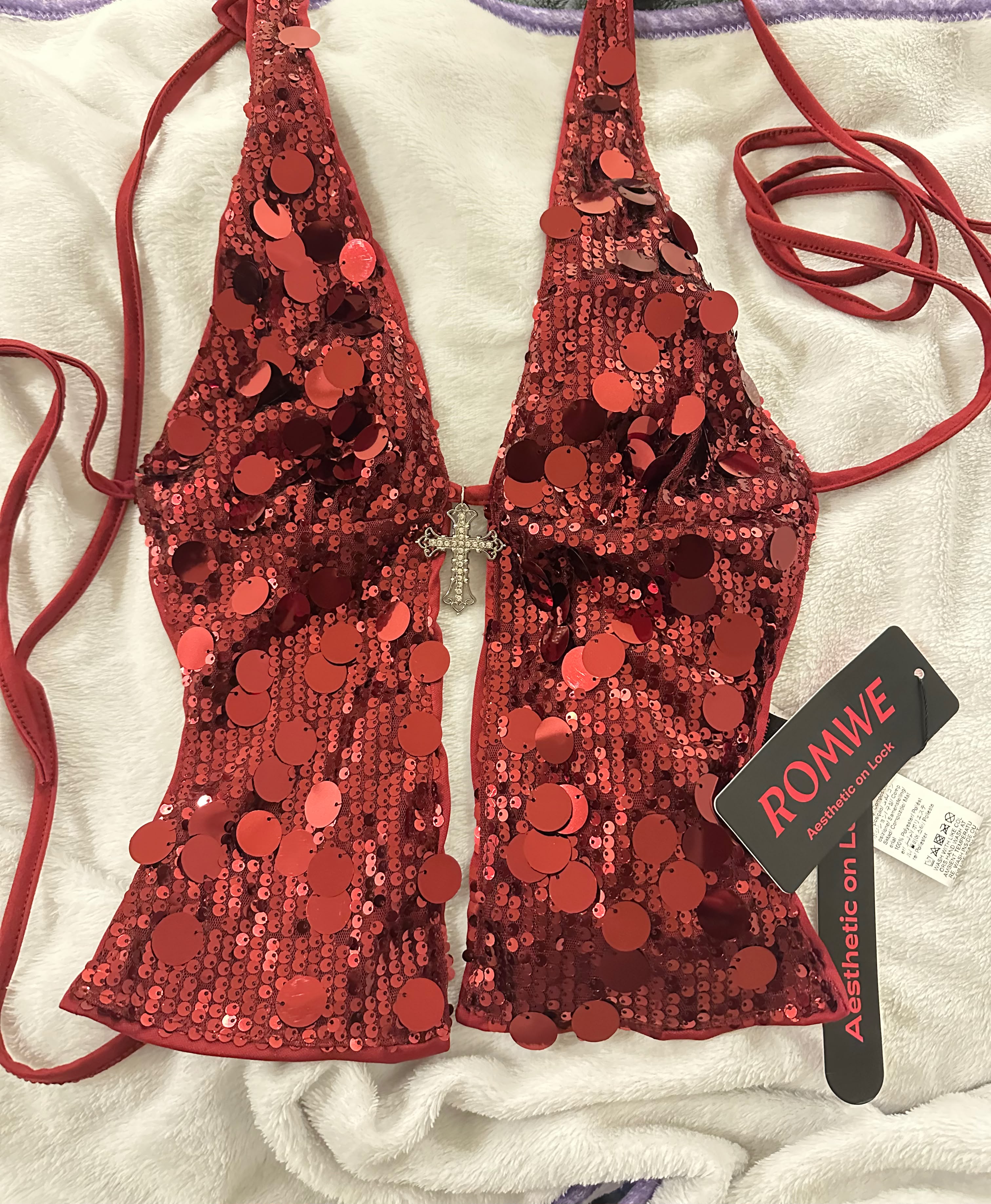 ROMWE NWT Red Sequin Halter Top XS Backless Rhinestone #YK2