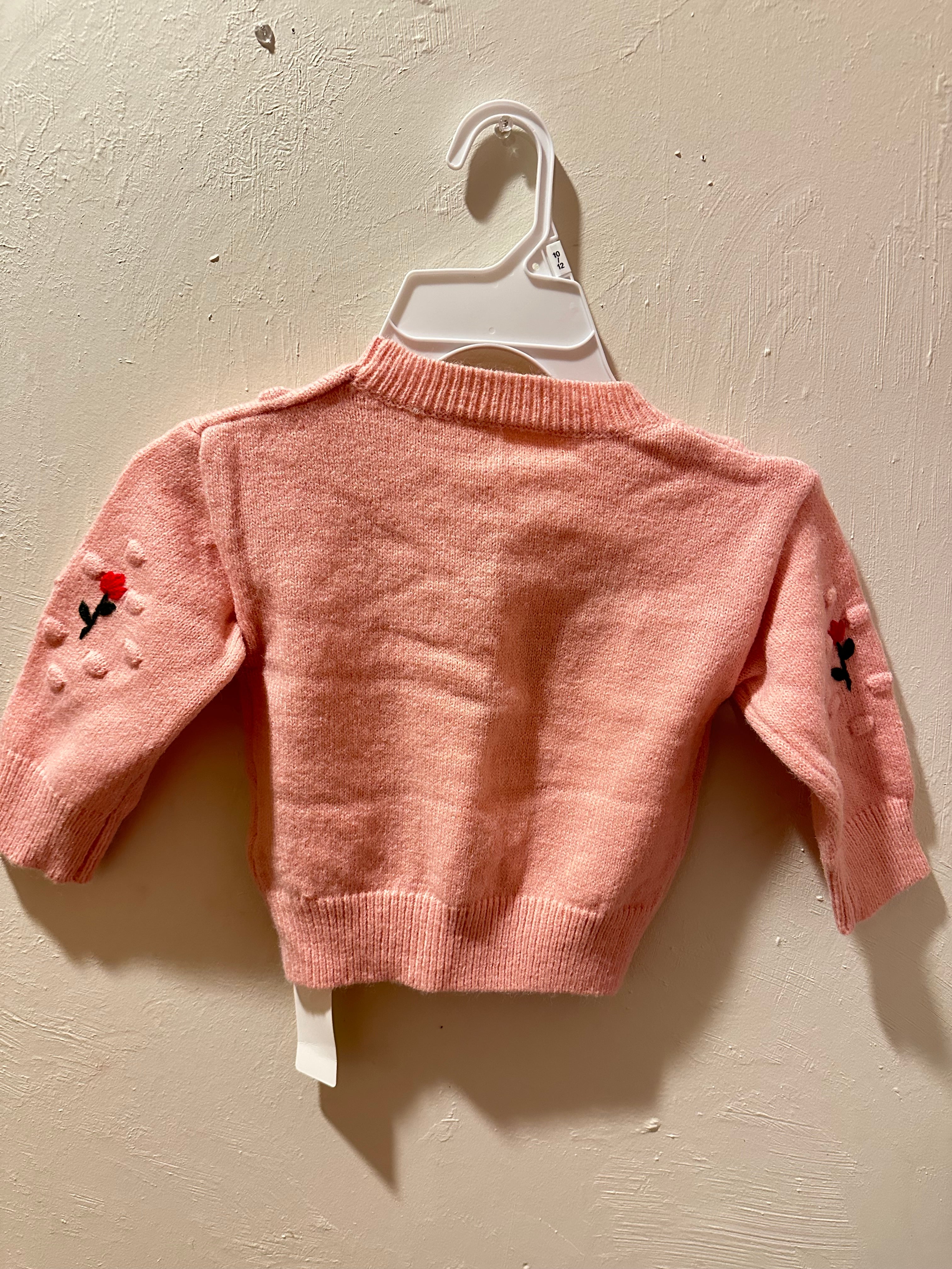 Cute Pink Knitted Pom-Pom Sweater with Embroidered Roses