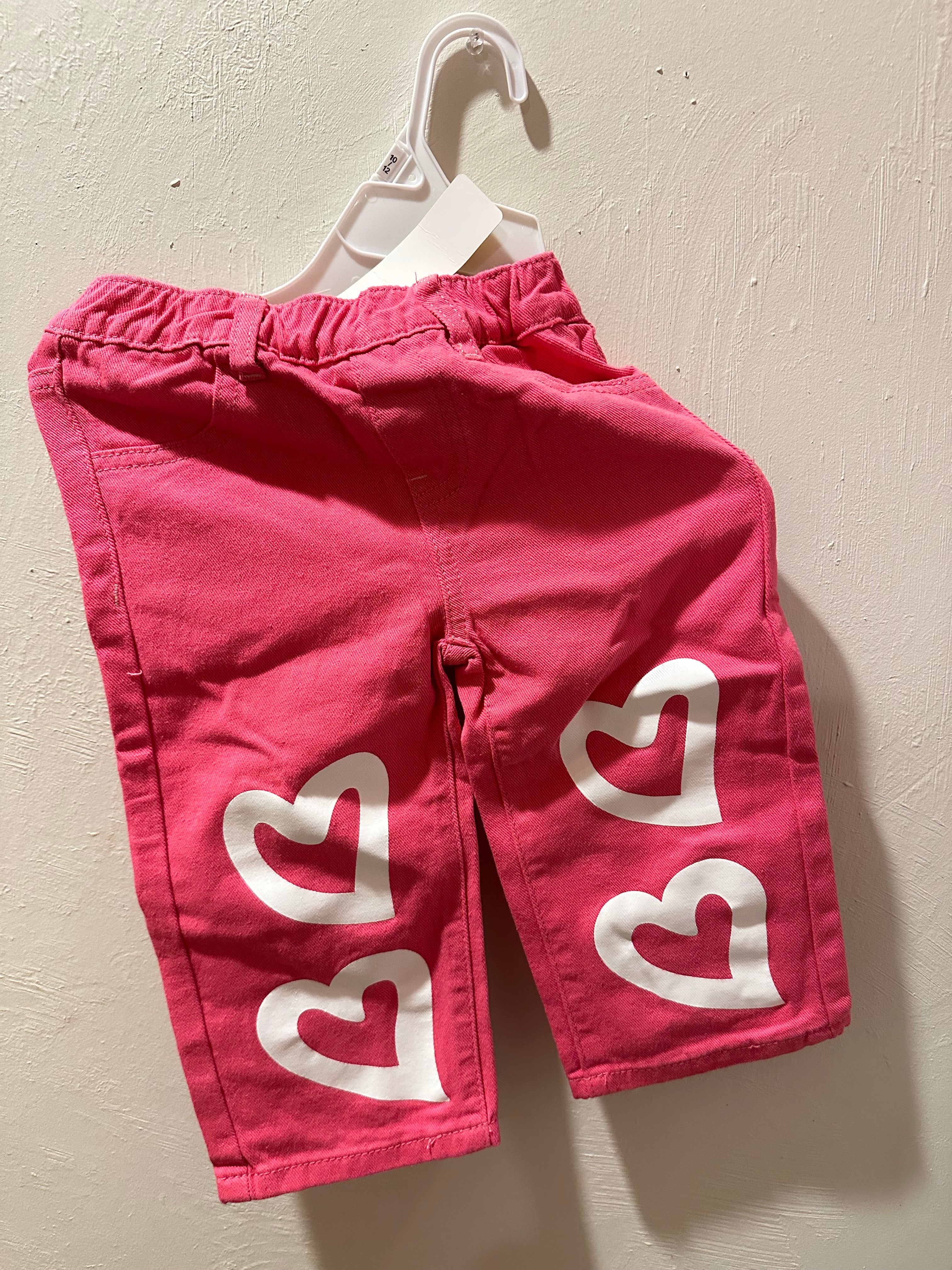 Cute Vibrant Pink Jeans with White Heart Print