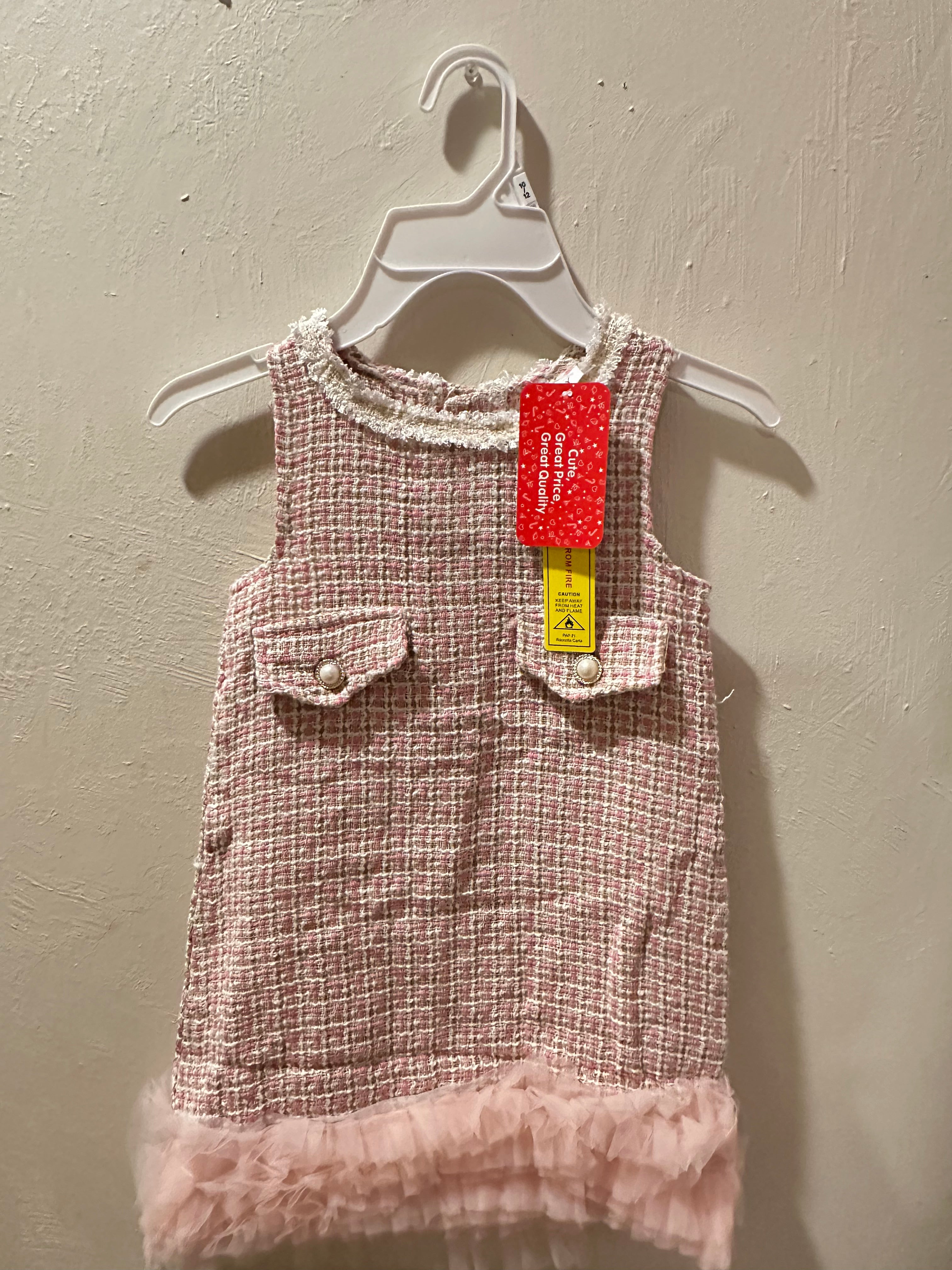 Baby Girl Pink Tweed Dress with Tulle Hem - Elegant Chanel-Style Infant Dress