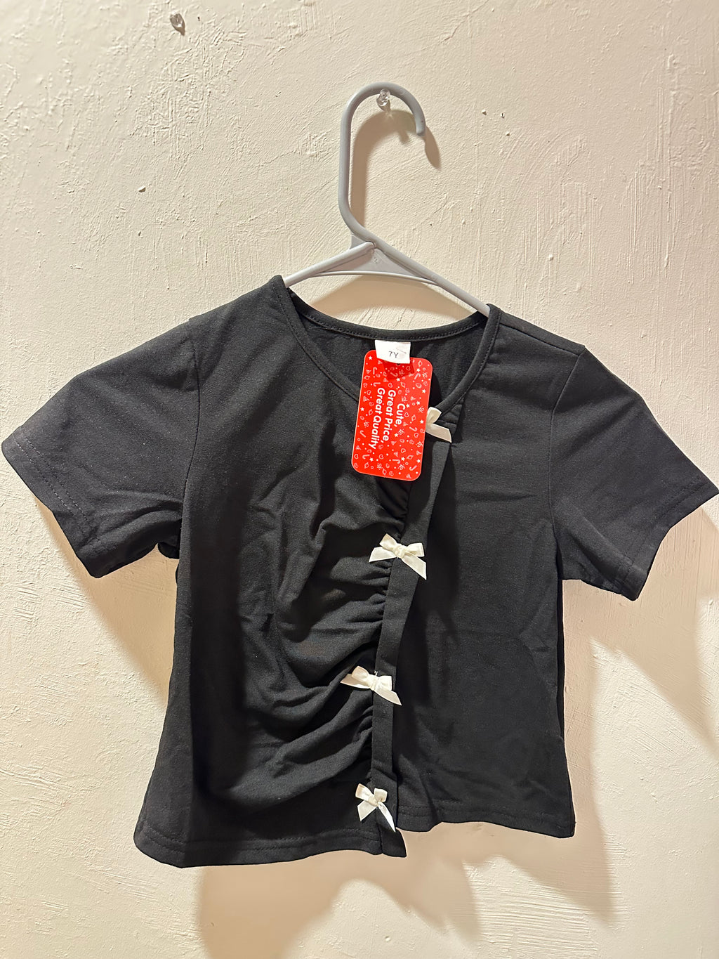 Girls Black Bow Top - Cute Ruched Front T-Shirt with White Bows - Kids 4T 5T 6T 7T
