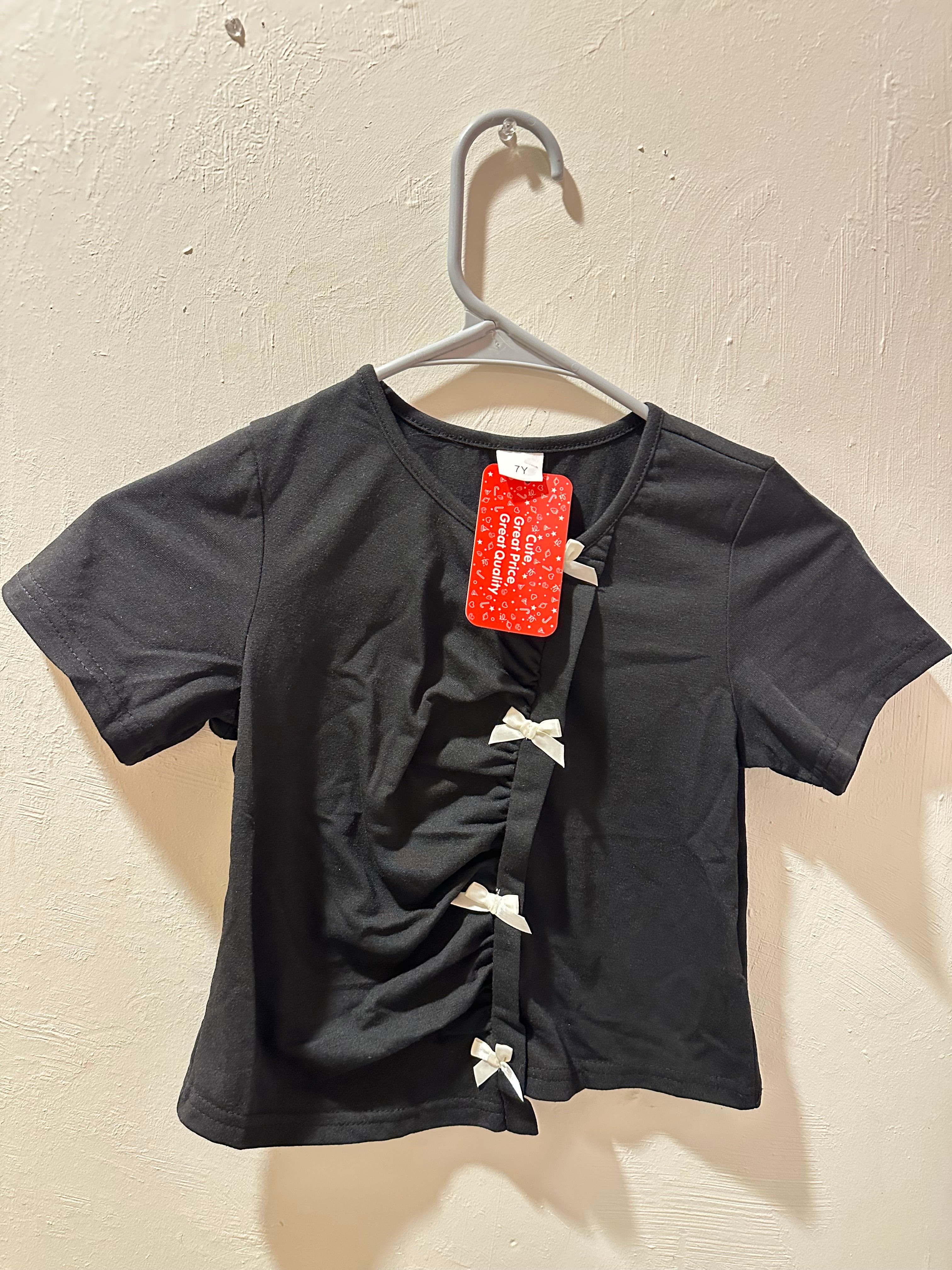 Girls Black Bow Top - Cute Ruched Front T-Shirt with White Bows - Kids 4T 5T 6T 7T
