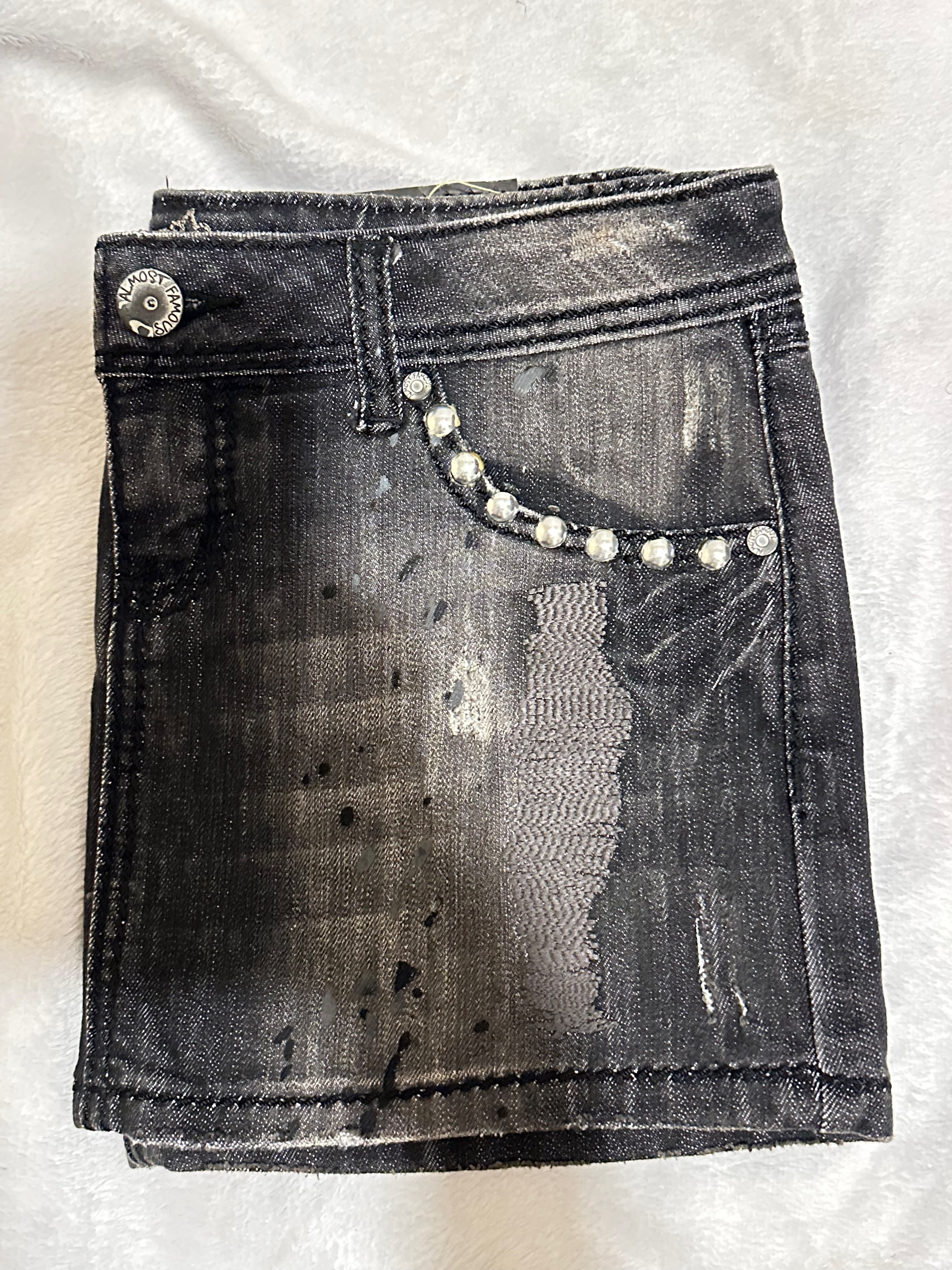 Almost Famous Y2K Studded Denim Mini Skirt Black Wash Size 5 Juniors